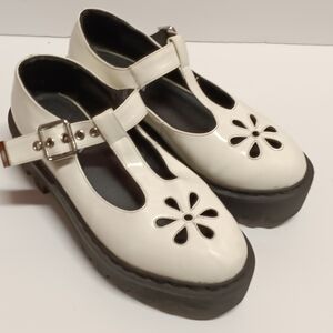 Lamoda Vegan White Patent Leather Chunky T-Strap Mary Janes Flower Cutouts